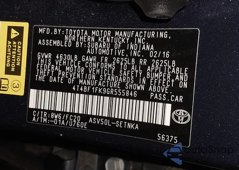 2016 Toyota Camry Le из США, поврежденный, VIN 4T4BF1FK9GR555846